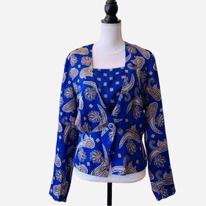 VINTAGE EVANNA ROYAL BLUE LONG SLEEVE PAISLEY PEPLUM TOP